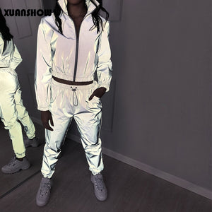 XUANSHOW Women Windbreak Set Reflective Two Piece Set Casual Hip Hop Jackets Night Light Clothes Long Pant Suit 2019 Plus Size