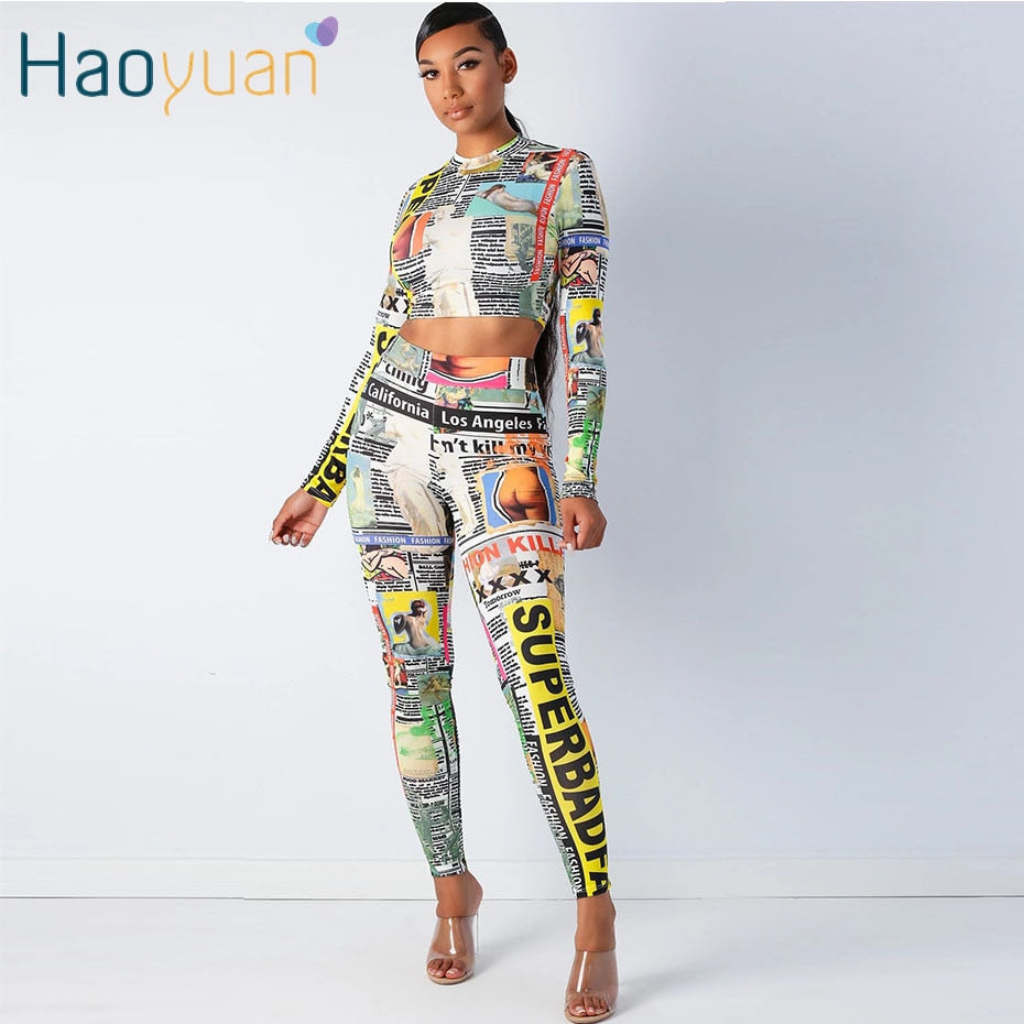 ZOOEFFBB Newspaper Print Two Piece Set Tracksuit Women Festival Clothing Crop Top and Pant Fall Matching Sets Sexy Club Outfits