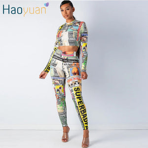 ZOOEFFBB Newspaper Print Two Piece Set Tracksuit Women Festival Clothing Crop Top and Pant Fall Matching Sets Sexy Club Outfits