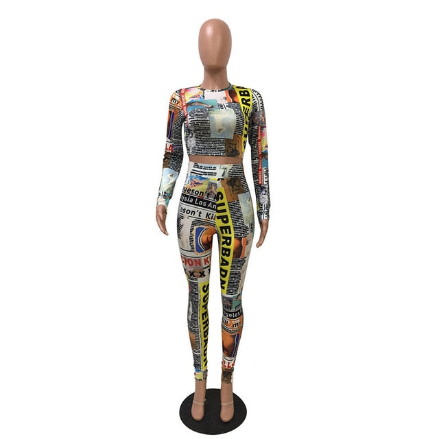 ZOOEFFBB Newspaper Print Two Piece Set Tracksuit Women Festival Clothing Crop Top and Pant Fall Matching Sets Sexy Club Outfits