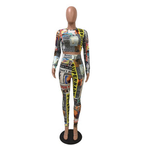 ZOOEFFBB Newspaper Print Two Piece Set Tracksuit Women Festival Clothing Crop Top and Pant Fall Matching Sets Sexy Club Outfits