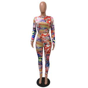 ZOOEFFBB Newspaper Print Two Piece Set Tracksuit Women Festival Clothing Crop Top and Pant Fall Matching Sets Sexy Club Outfits