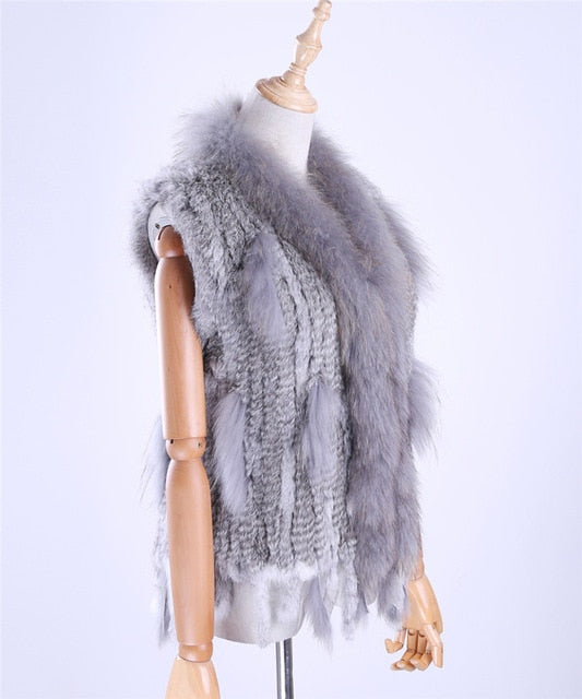 Brand New Women's Lady Genuine Real Knitted Rabbit Fur Vests tassels Raccoon Fur Trimming Collar Waistcoat Fur Sleeveless Gilet
