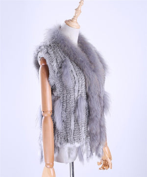 Brand New Women's Lady Genuine Real Knitted Rabbit Fur Vests tassels Raccoon Fur Trimming Collar Waistcoat Fur Sleeveless Gilet