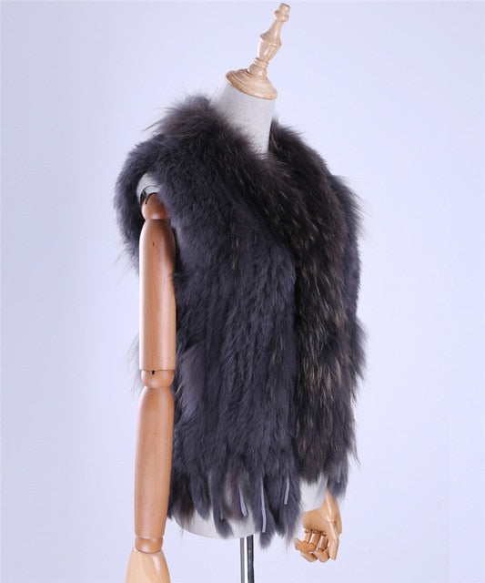 Brand New Women's Lady Genuine Real Knitted Rabbit Fur Vests tassels Raccoon Fur Trimming Collar Waistcoat Fur Sleeveless Gilet