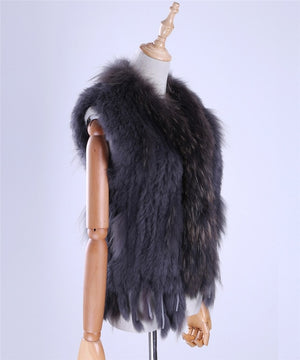 Brand New Women's Lady Genuine Real Knitted Rabbit Fur Vests tassels Raccoon Fur Trimming Collar Waistcoat Fur Sleeveless Gilet