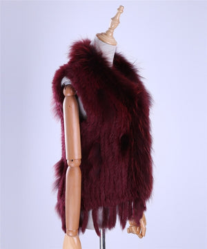 Brand New Women's Lady Genuine Real Knitted Rabbit Fur Vests tassels Raccoon Fur Trimming Collar Waistcoat Fur Sleeveless Gilet