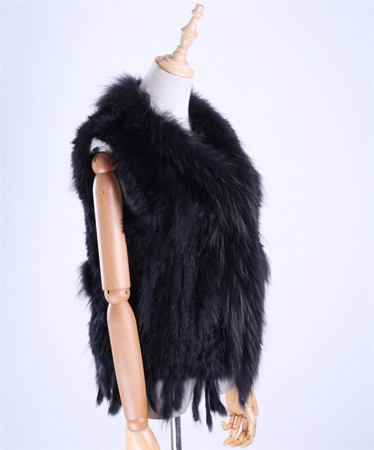 Brand New Women's Lady Genuine Real Knitted Rabbit Fur Vests tassels Raccoon Fur Trimming Collar Waistcoat Fur Sleeveless Gilet
