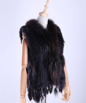 Brand New Women's Lady Genuine Real Knitted Rabbit Fur Vests tassels Raccoon Fur Trimming Collar Waistcoat Fur Sleeveless Gilet