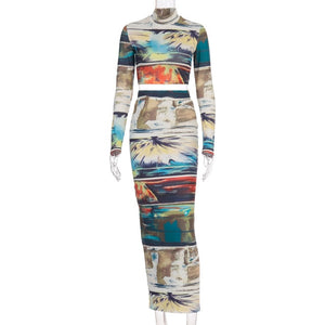 Hugcitar 2020 tie dye print long sleeve crop top long skirt 2 pieces set spring summer women streetwear outfits party wear