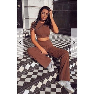 Women knitted long sleeve o-neck crop top wide leg pants 2 piece set for female women tops pants two pieces sets women's suits