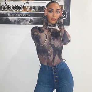 Simenual Camouflage Mesh Fashion Women Bodysuit Autumn Long Sleeve Skinny Rompers 2020 Casual Patchwork Hollow Out Bodysuits