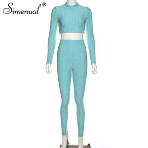 Simenual Fitness Sportswear Push Up Two Piece Sets Women Fashion Casual Workout Skinny Tracksuits Long Sleeve Top And Pants Set