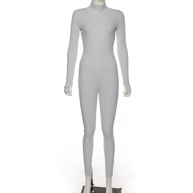 Simenual Workout Active Wear Ribbed Rompers Womens Jumpsuit Sporty Long Sleeve Fitness Embroidery Letter Print Zipper Jumpsuits