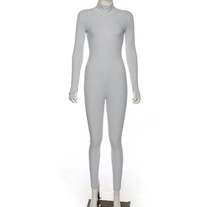 Simenual Workout Active Wear Ribbed Rompers Womens Jumpsuit Sporty Long Sleeve Fitness Embroidery Letter Print Zipper Jumpsuits