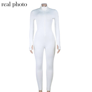Simenual Workout Active Wear Ribbed Rompers Womens Jumpsuit Sporty Long Sleeve Fitness Embroidery Letter Print Zipper Jumpsuits
