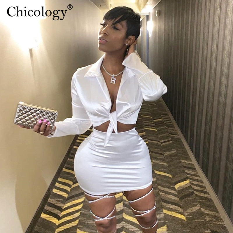 Chicology women silky satin 2 two piece set lace up long sleeve crop top high waist mini skirt 2019 autumn winter lady clothes
