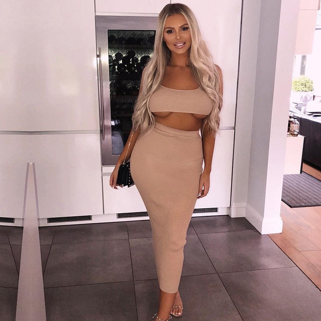NewAsia Garden Two Piece Set 2 Piece Set Women Winter Ribbed Crop Top And Skirt Set Matching Sets Woman Two Pieces Outfits White