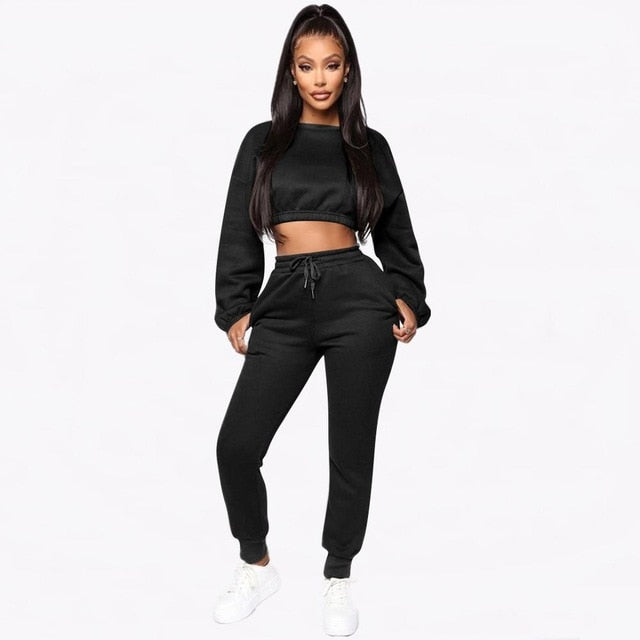 Echoine Winter Thick fleece Hoodies Tops and Pants Two Piece Set Women Tracksuit Crop Top Trousers Casual Sportwear Matching Set