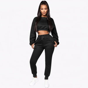 Echoine Winter Thick fleece Hoodies Tops and Pants Two Piece Set Women Tracksuit Crop Top Trousers Casual Sportwear Matching Set