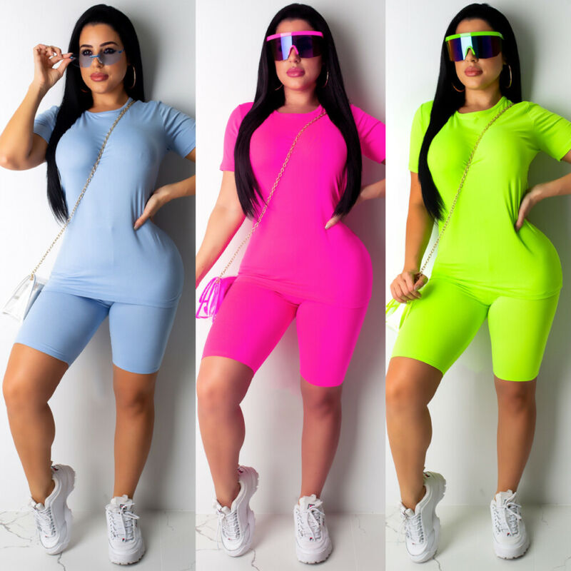 2019 2PCS Women Sports Suit Solid Color Short Sleeve O Neck Tops Shorts Outfit Yoga Workout Clothes Tracksuit