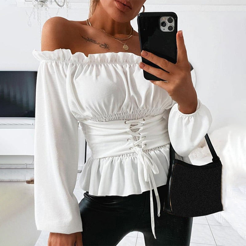Off Shoulder Bandage Women's Blouse Ruffle Letter Print Lace Up Lantern Sleeve Female Blouses 2020 Summer Fashion Ladies Top