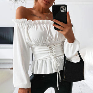 Off Shoulder Bandage Women's Blouse Ruffle Letter Print Lace Up Lantern Sleeve Female Blouses 2020 Summer Fashion Ladies Top