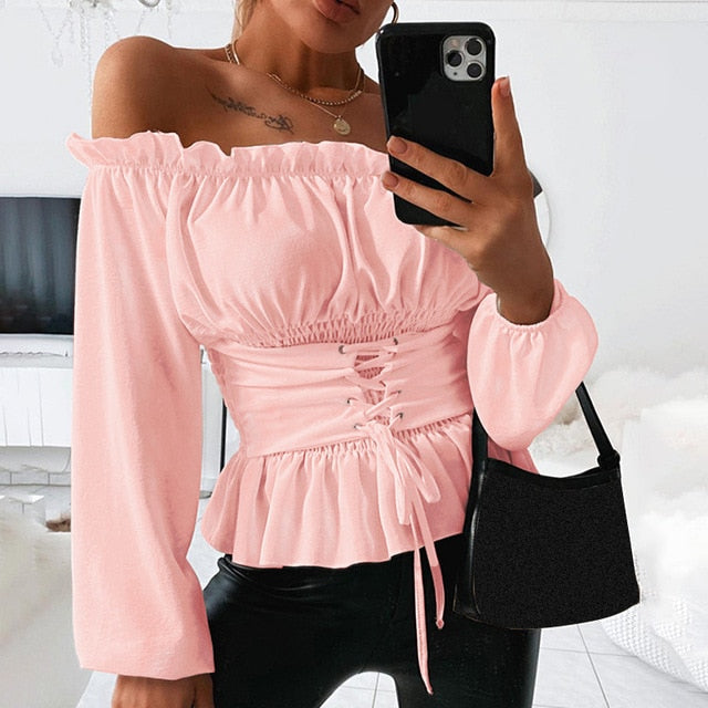 Off Shoulder Bandage Women's Blouse Ruffle Letter Print Lace Up Lantern Sleeve Female Blouses 2020 Summer Fashion Ladies Top