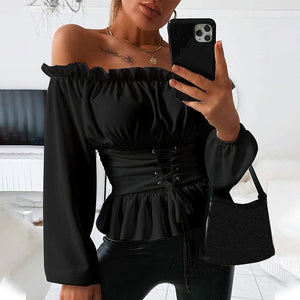 Off Shoulder Bandage Women's Blouse Ruffle Letter Print Lace Up Lantern Sleeve Female Blouses 2020 Summer Fashion Ladies Top