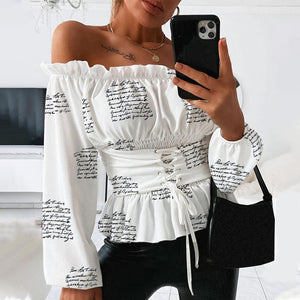 Off Shoulder Bandage Women's Blouse Ruffle Letter Print Lace Up Lantern Sleeve Female Blouses 2020 Summer Fashion Ladies Top