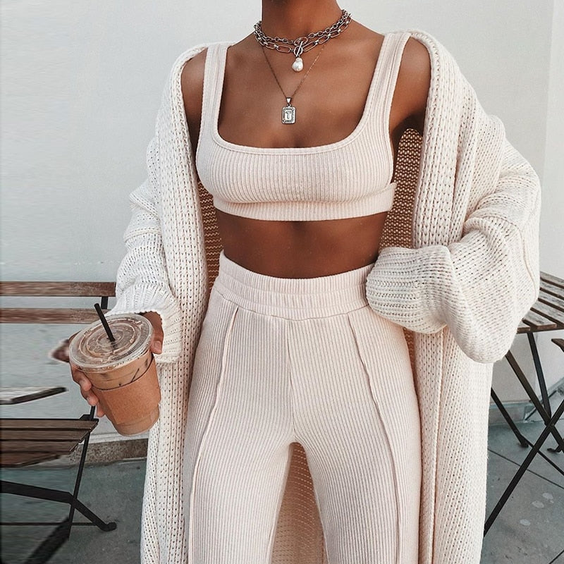 NewAsia Tacksuit Women 2 Piece Set Sleeveless White Ribbed Two Piece Outfits Crop Top Long Pants Plus Size Casual Matching Sets