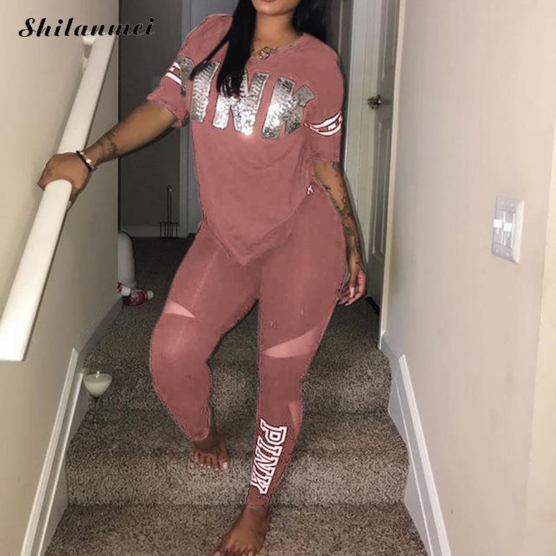 Pink Letter Print Tracksuits Women Two Piece Set 2020 Spring Plus Size T-Shirt Top And Pants Set Suits Casual Bodcon 2 Piece Set