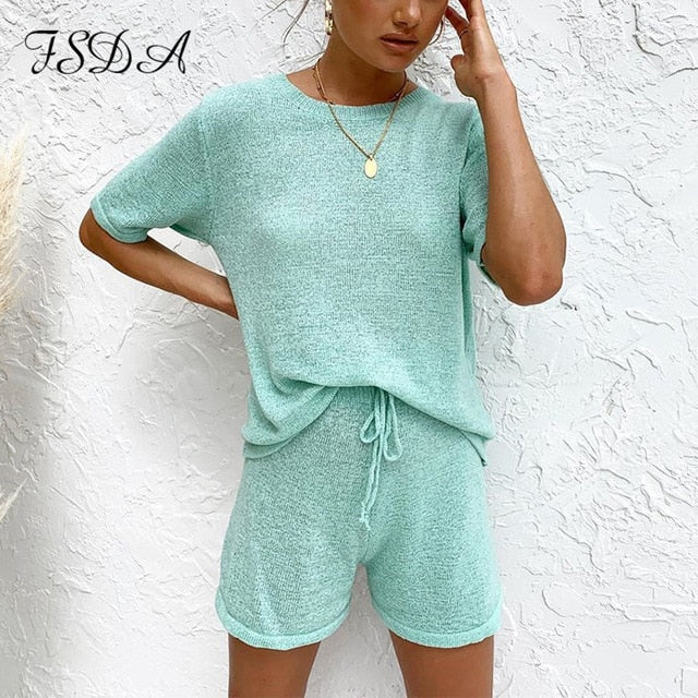 FSDA O Neck Short Sleeve Knit T Shirt Loose And Shorts Casual Summer 2020 Women Two Piece Sets Outwear Outfits