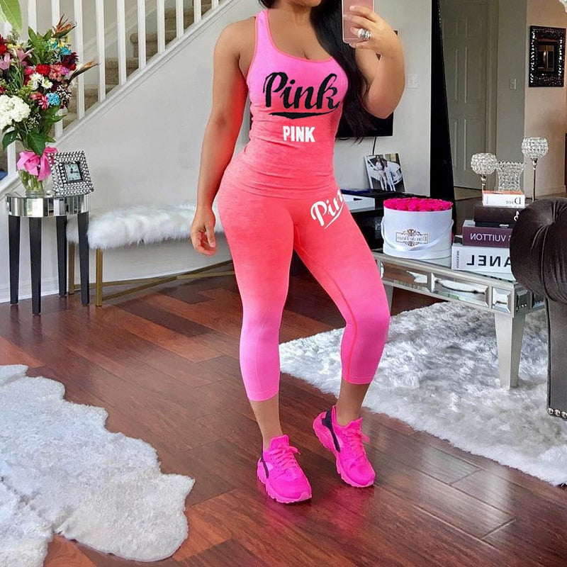Plus Size 2 Piece Outfit Women Pink Letter Print Sets Summer Casual Tanks Top And Fit Length Pants Gradient Fitness Suits 3xl
