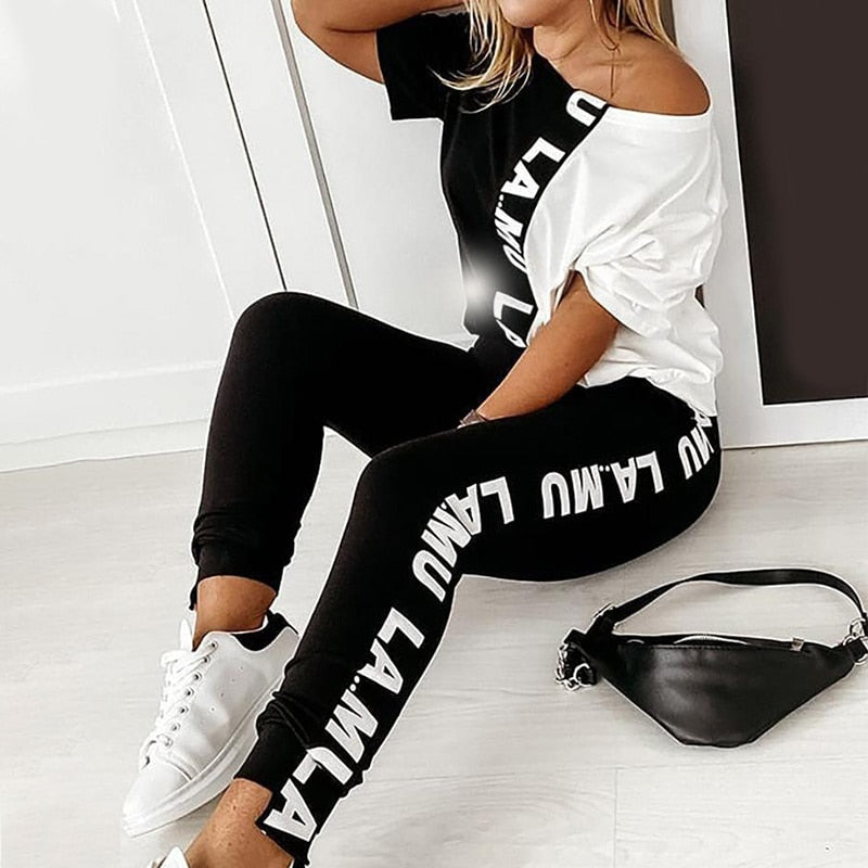 Off Shoulder Tracksuit Sets Women's 2 Piece Set Letter Print Short Sleeve Female Top Suit 2020 Summer Sport Pant Suits Female