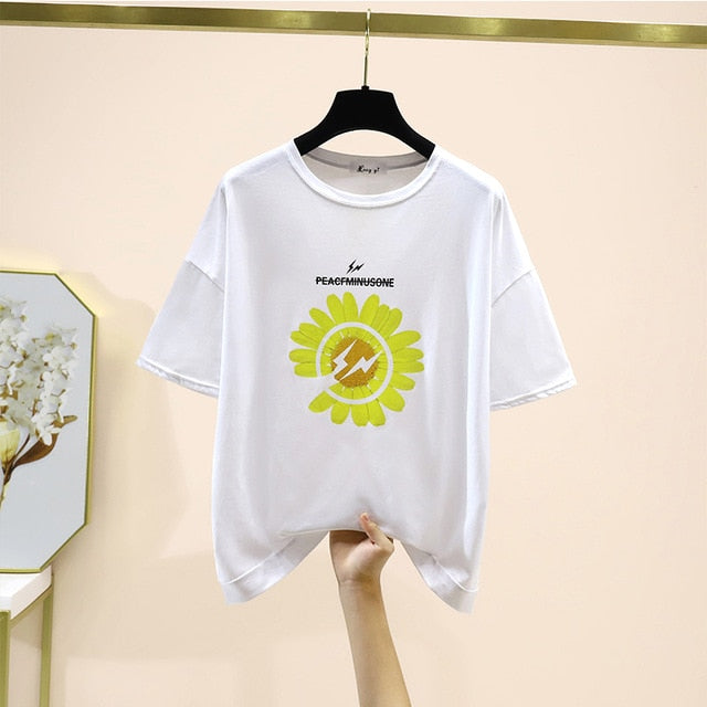 2020 Summer Hot Fashion 2 piece set Women Flower Printted Loose Tshirt and Daisy Embroidery Denim Shorts Suits With Free Bag