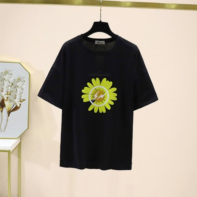 2020 Summer Hot Fashion 2 piece set Women Flower Printted Loose Tshirt and Daisy Embroidery Denim Shorts Suits With Free Bag