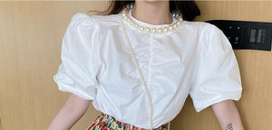 Summer New Chic Pearl neck Pleated bubble sleeve White Shirt + High waist Floral Ruched Bodycon Fishtail Skirt 2 Piece Sets