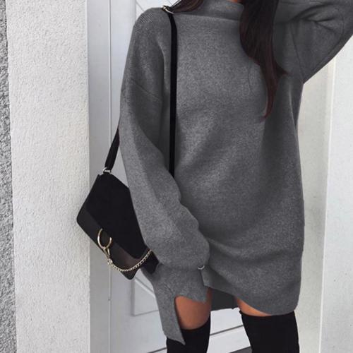 Casual Women Autumn Solid Color Turtle Neck Loose Plus Size Knitted Mini Dress new