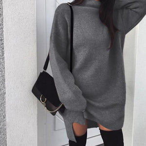 Casual Women Autumn Solid Color Turtle Neck Loose Plus Size Knitted Mini Dress new
