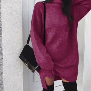 Casual Women Autumn Solid Color Turtle Neck Loose Plus Size Knitted Mini Dress new