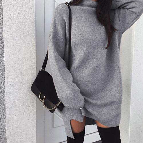 Casual Women Autumn Solid Color Turtle Neck Loose Plus Size Knitted Mini Dress new
