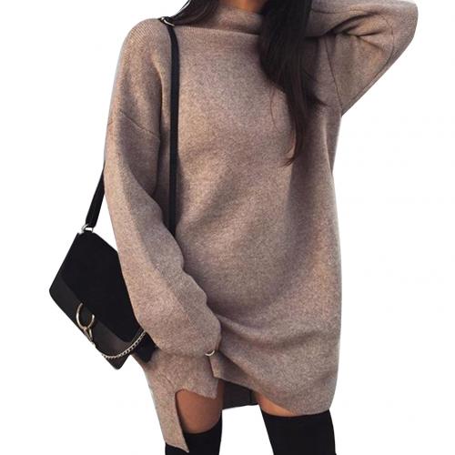 Casual Women Autumn Solid Color Turtle Neck Loose Plus Size Knitted Mini Dress new