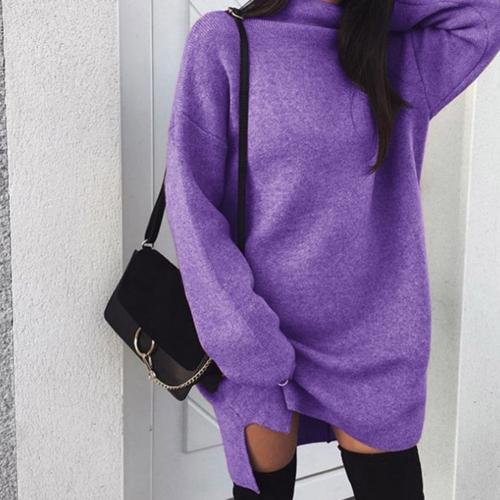 Casual Women Autumn Solid Color Turtle Neck Loose Plus Size Knitted Mini Dress new