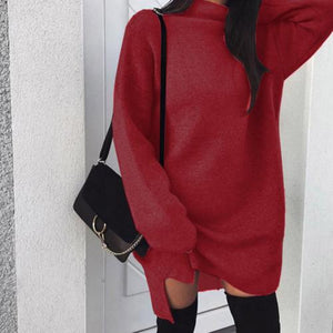 Casual Women Autumn Solid Color Turtle Neck Loose Plus Size Knitted Mini Dress new