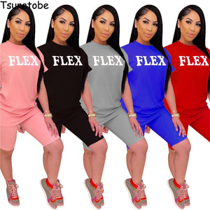 Tsuretobe Casual Letter Print 2 Piece Set Women 2020 Short Sleeve Tee Top And Shorts Sweet Matching Sets Summer Tracksuit Female