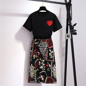 Elegant and comfortable Summer Two piece Set Women High waist Retro Embroidery Bodycon Skirt and Love Appliques Tshirt Sets