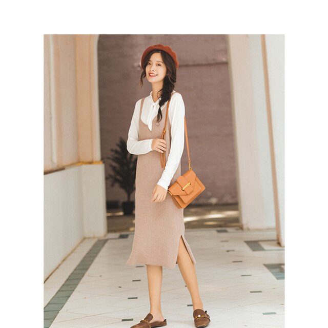 INMAN Winter New Arrival Lace Stand Collar Shirt Knitting Jumpsuit Dress Woman Two-pieces Suits